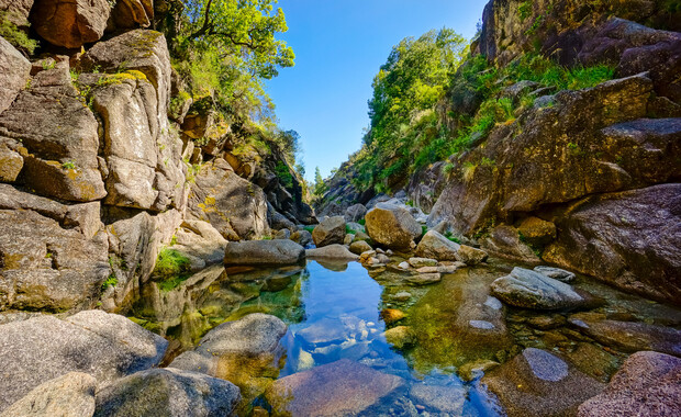 A clear stream flows gently between rocky cliffs, surrounded by lush green foliage and a bright blue sky, creating a serene natural landscape.